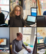 Library staffers (clockwise from top left) Sue Kriegsman, Carol Schweigert, Felicity Walsh, Kari Smith, Matt Bernhardt, and Jennie Murack help keep library services running from their home offices.