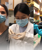 Director of Outreach Mandana Sassafar filmed graduate students and postdocs in labs during IAP in January, so that first-year undergraduates could observe the experiments. Left to right: Chantal Guegler, Li Wang, and Cesar Dominguez.