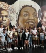 The 2023 cohort of Race, Place, and Modernity in the Americas with Joaquin Terrones (left) poses at the Jabaquara Black Cultural Center. Started in 2019, the ongoing program has seen numerous benefits for students and faculty alike.