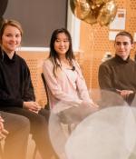 Panelists (left to right) Joe Diaz ’11, graduate student Rachael Harkavy, undergraduate Joyce Yuan, visiting student Lancelot Blanchard, and graduate student Grace Song look toward moderator Ian Waitz as they discuss how they use generative AI in school and work.