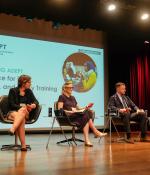 At an event marking the launch of the Alliance for Data, Evaluation, and Policy Training (ADEPT) at Insper in São Paulo, Brazil, Sarah Kopper (right), director of ADEPT and associate director of research and education at J-PAL, speaks alongside (left to right) MIT Professor Esther Duflo, MIT Professor Sara Fisher Ellison, and Community Jameel Director George Richards.