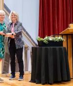 2025 Collier Medal recipient Kathleen Monagle (left) and MIT President Sally Kornbluth.  