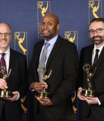 Left to right: MIT Open Learning’s Joe McMaster, Wesley Richardson, and Clayton Hainsworth celebrate at the 2025 Boston/New England Emmy Awards ceremony. Their documentary, “That Creative Spark,” won an Emmy award for the Education/Schools category. 