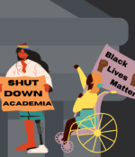 Graphic associated with the #ShutDownAcademia events on June 10, 2020, featuring protesters of many races with signs reading "Black Lives Matter"