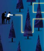 Illustration of two business people in a forest with a flashlight creating a path around the trees