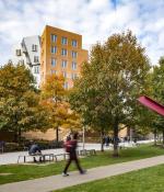 MIT campus with abstract sculpture in foreground and Stata Center in background