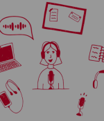 Red illustration of a person wearing headphones in front of a microphone, surrounded by icons representing different learning formats including podcasts, videos, articles, documents, and a mobile device on a gray background.