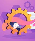 Illustration of four people working on devices in front of gears, chart, and a rocket