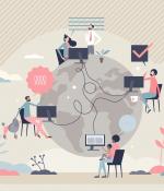 Drawing of four people with different work from home environments on different sides of a globe