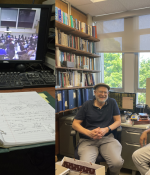 A side-by-side collage of two scenes in an academic setting. On the left, a desk holds an open binder filled with handwritten notes, positioned in front of a computer monitor displaying a crowded lecture hall with a professor at the front. On the right, two men sit and smile in a book-lined office with large windows.