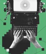 Illustration of the evolution of writing implements, from writing on parchment to the typewriter to the laptop