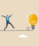 Graphic illustration of a business man walking on a tight rope with a tangled ball of string at one end and a lightbulb at the other.