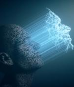 Profile view of a human head with a projection of a computerized map of the human's face