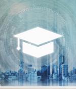 A man uses digital tablet to learn, with education and online learning media icons overlaid over image