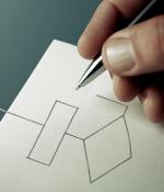 A tangle of string overlaps with a piece of paper where it turns into a drawing of a straight line, a rectangle, and a diamond. A hand holds a pen over the paper. 
