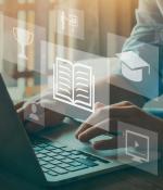 A person on a laptop with a trophy, graduation cap, open book, video, and search icons depicted.