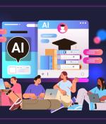 Illustration of students working on laptops surrounding by images of depicting AI education.