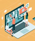 3 students pull learning materials out of a laptop